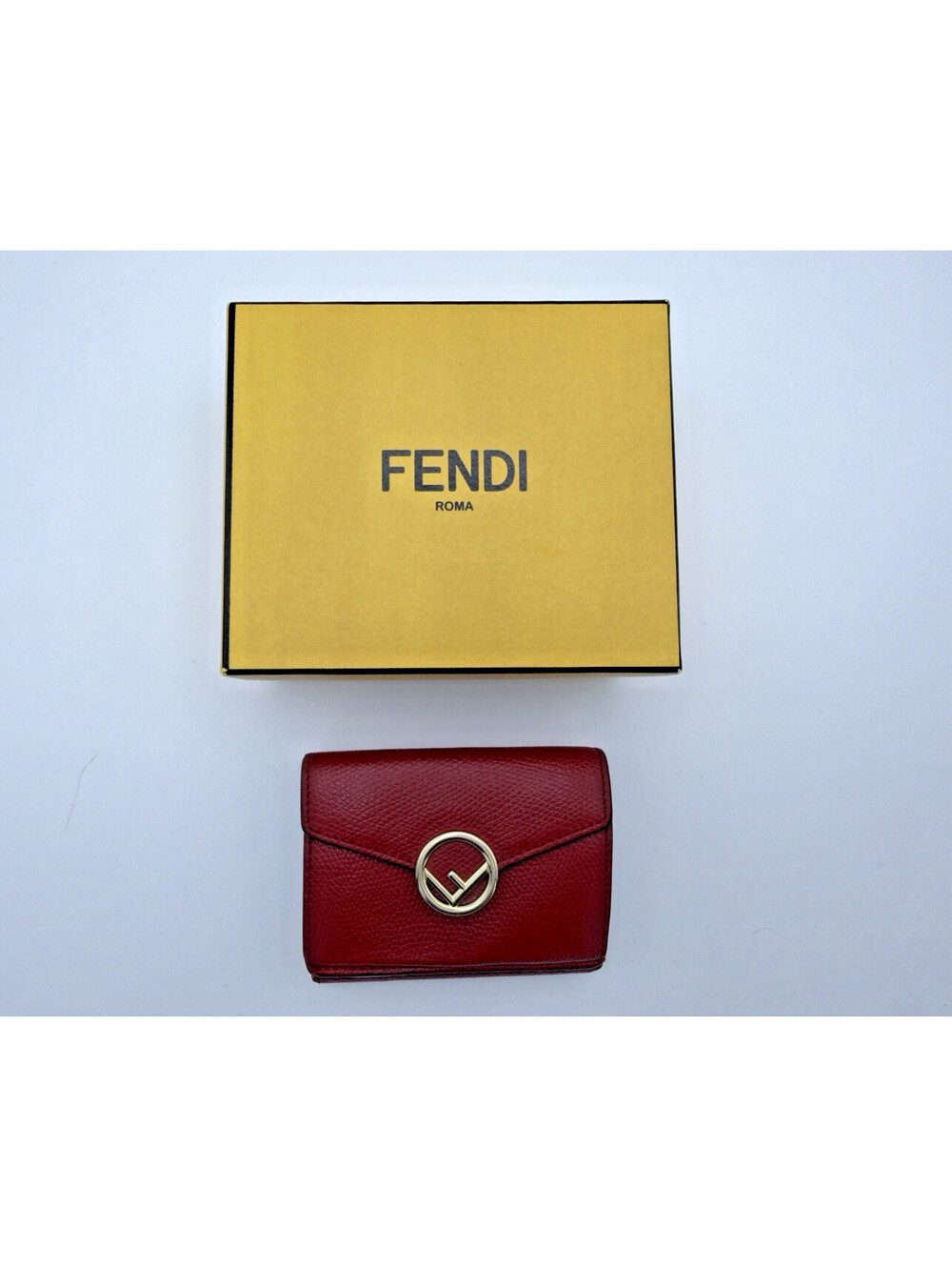 Authentic Fendi F is Fendi Red Micro Tri-fold Wallet with Box Gold Hardware